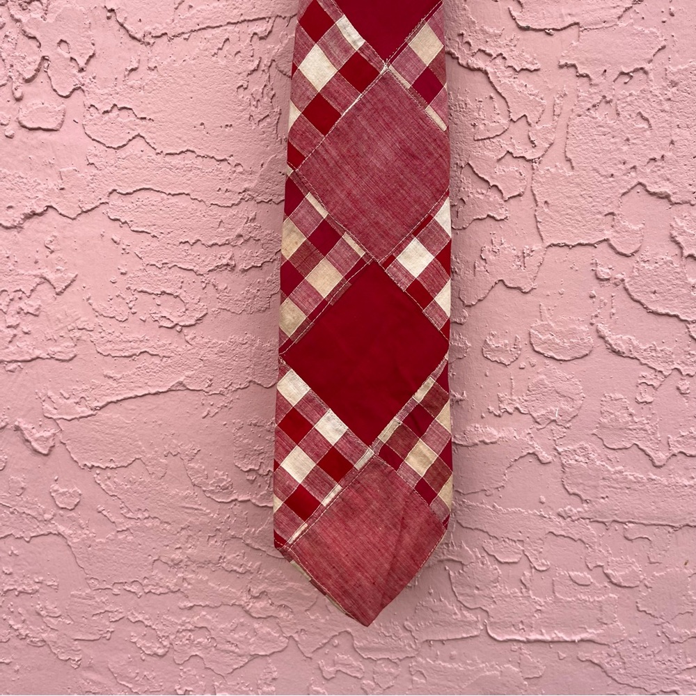 Vintage The Bon Marche Madras Patchwork Necktie Cotton India Red Yellow Flaw